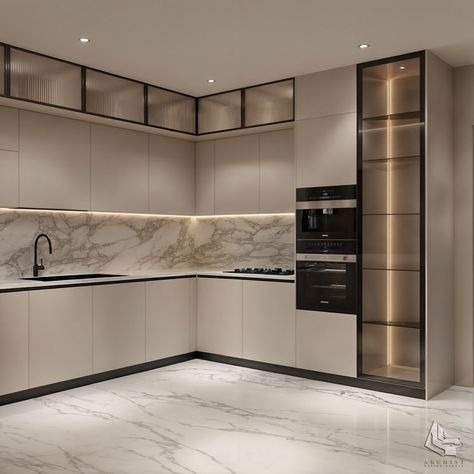 Luxury Glass-Display Beige Kitchen