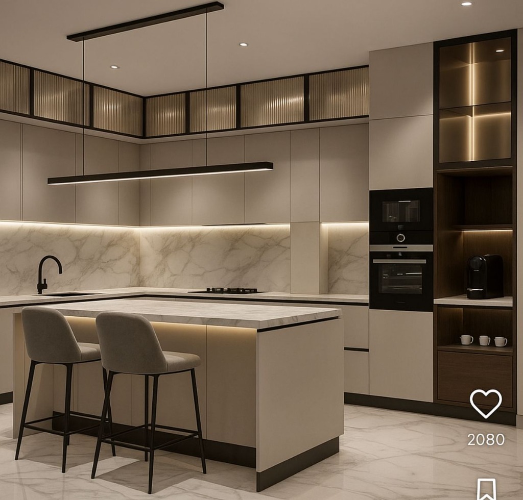 Beige Island Linear Light Kitchen