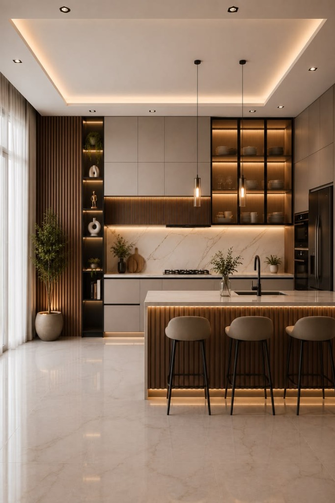 Luxury Corian kitchen countertop with integrated sinks and wooden fluted cabinets