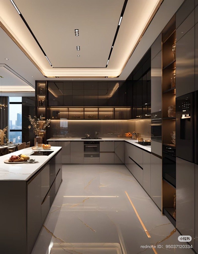 Luxury Gold-Trim Grey Kitchen
