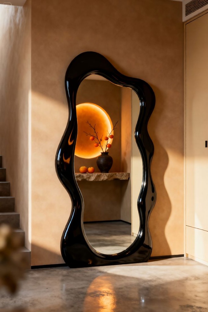 Organic Black Wavy Floor Mirror